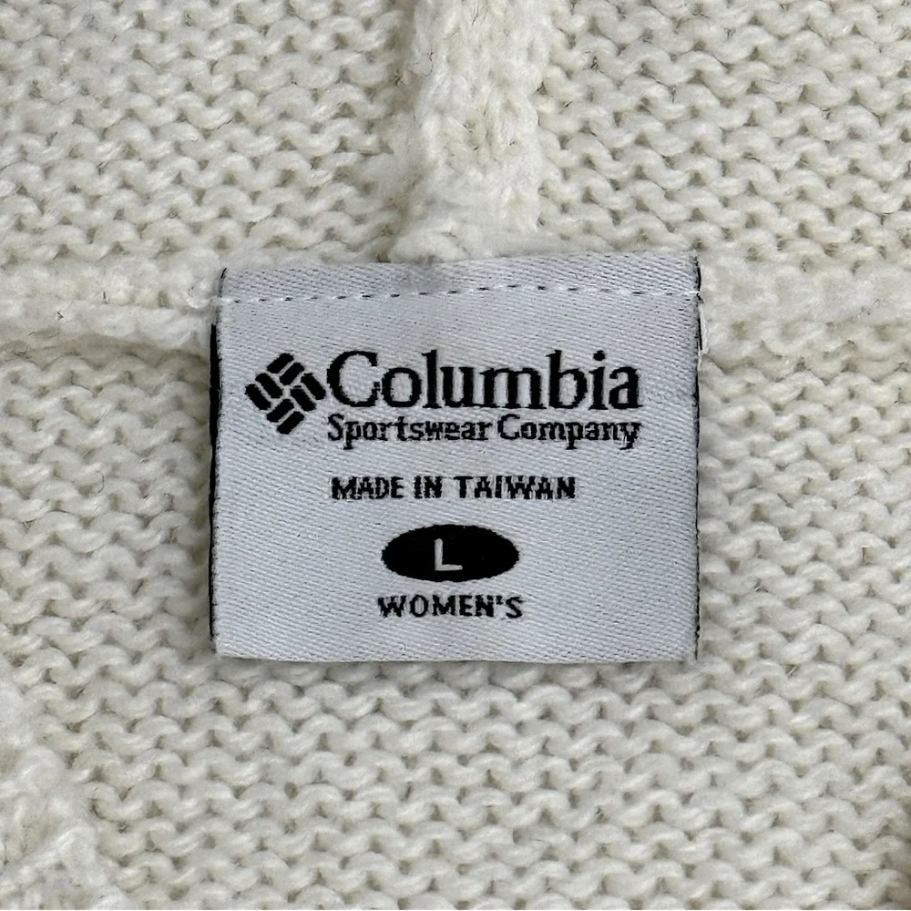 Columbia Ivory Wool Blend Long Sleeve Hooded Button Up Cable Knit Cardigan Large